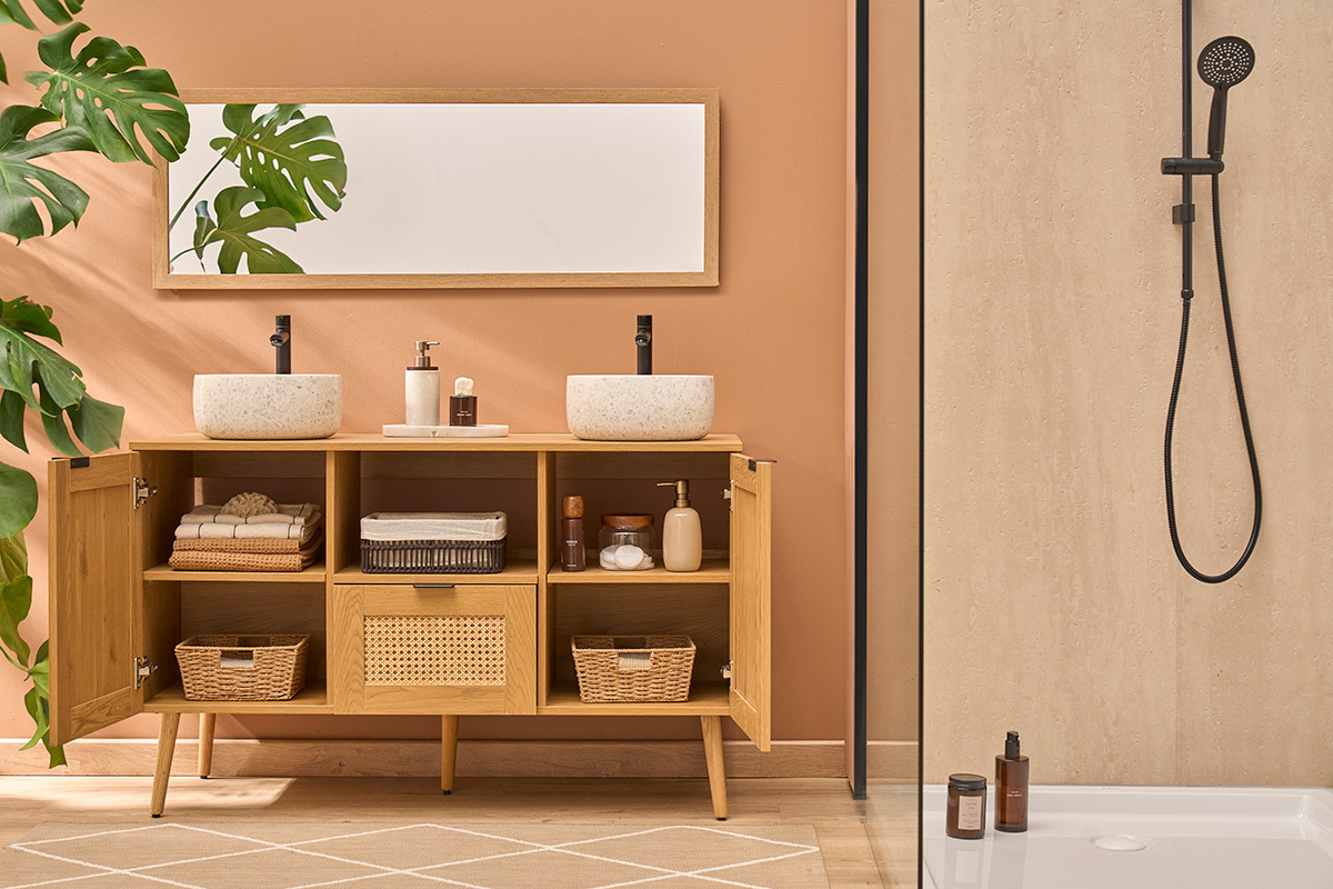 Mueble de ba�o acabado madera clara, rejilla de rat�n y metal negro L120 cm MANILLE