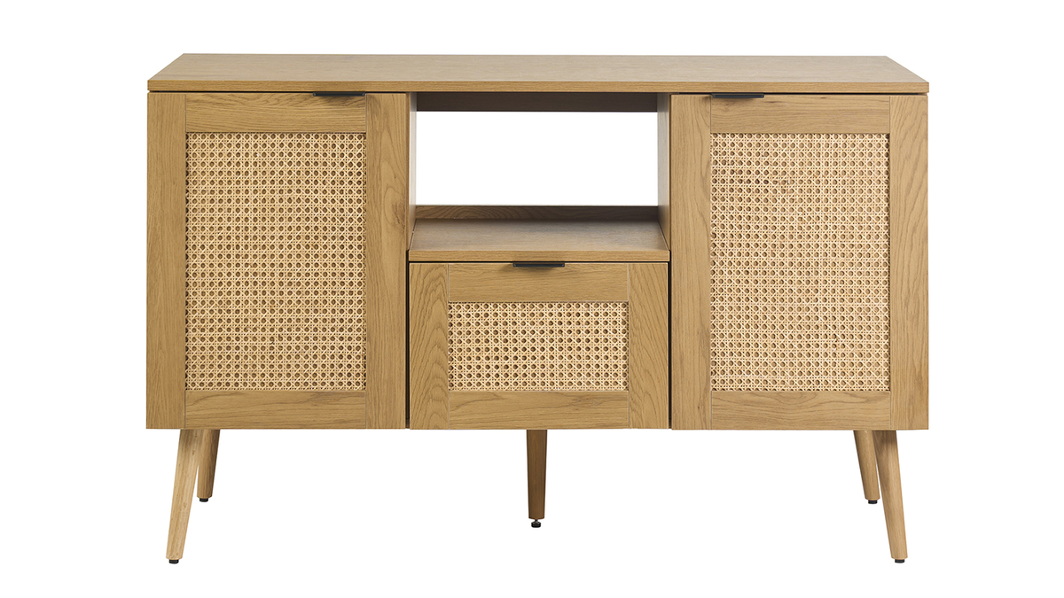 Mueble de ba�o acabado madera clara, rejilla de rat�n y metal negro L120 cm MANILLE