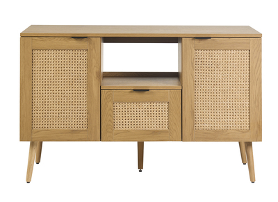 Mueble de ba&ntilde;o acabado madera clara, rejilla de rat&aacute;n y metal negro L120 cm MANILLE