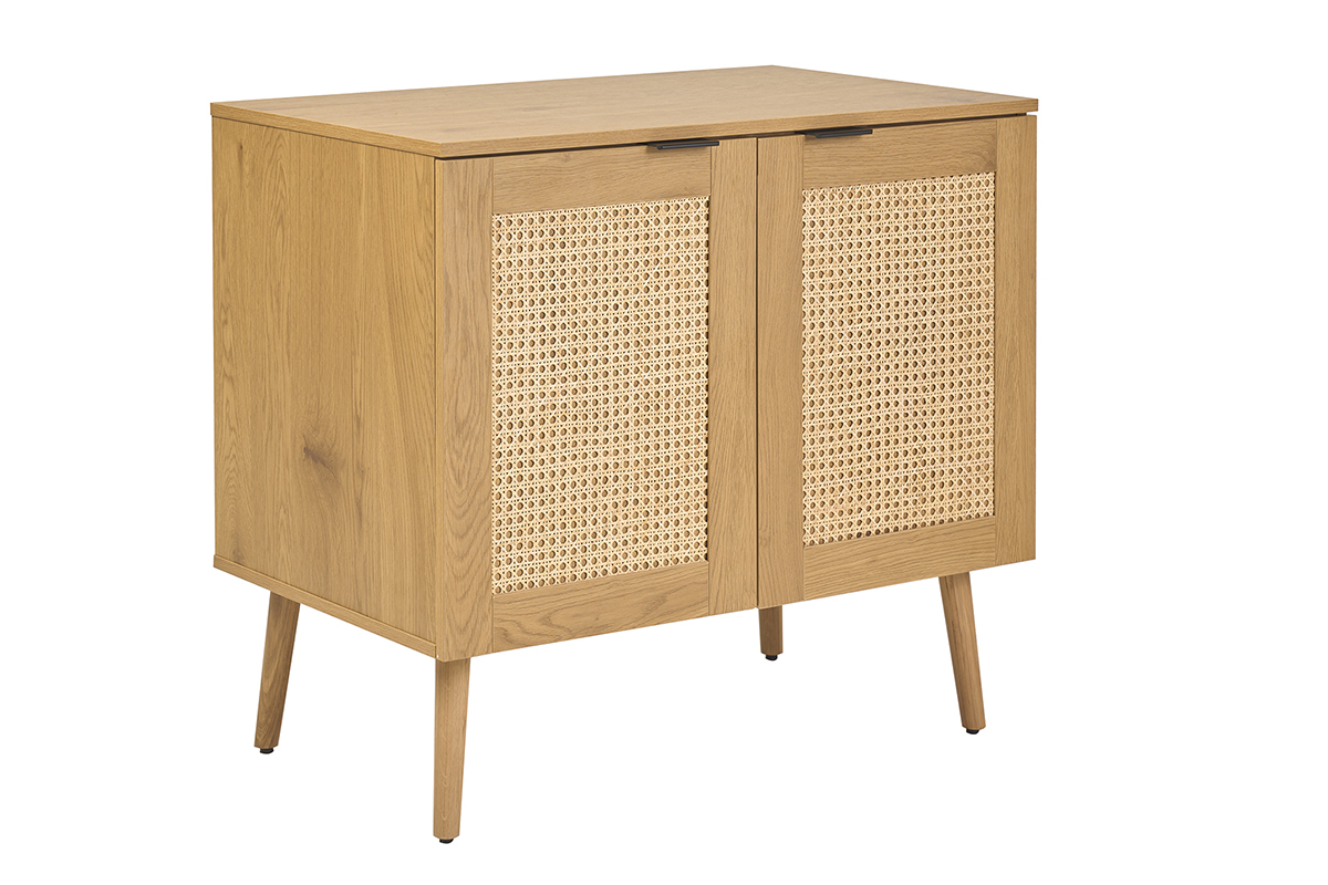 Mueble de ba�o de madera clara con frentes de rejilla, vista en tres cuartos.
