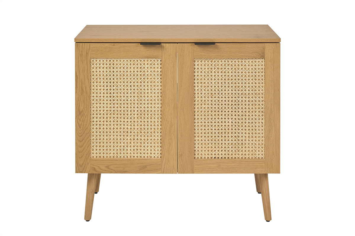 Mueble de ba�o de madera clara con frontal de rejilla de rat�n, vista frontal, L80 cm.