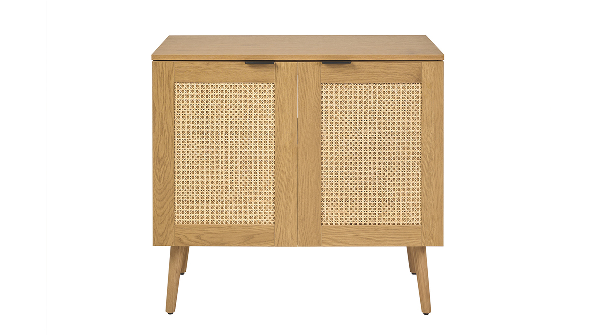 Mueble de ba�o acabado madera clara, rejilla de rat�n y metal negro L80 cm MANILLE