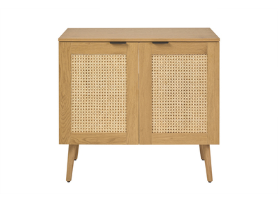 Mueble de ba&ntilde;o acabado madera clara, rejilla de rat&aacute;n y metal negro L80 cm MANILLE