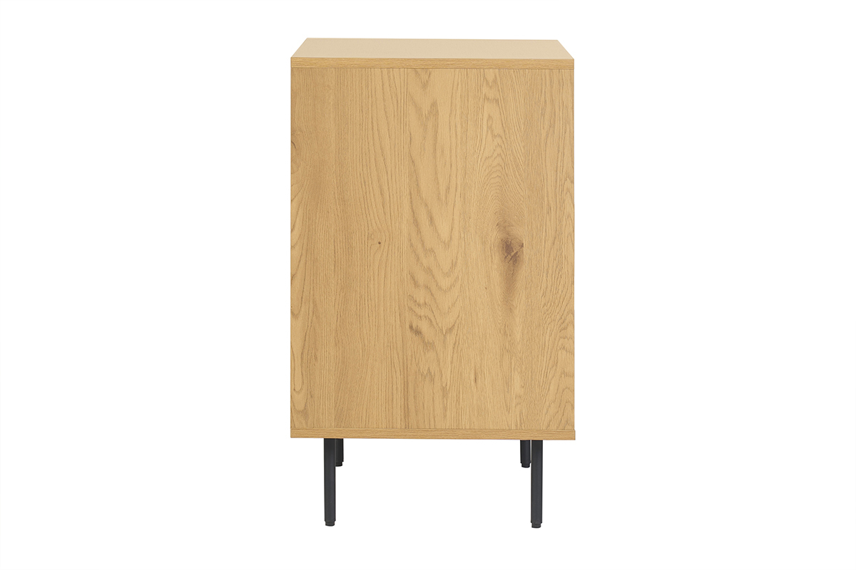 Mueble de ba�o de madera clara de roble y metal negro, vista de perfil, con patas finas.