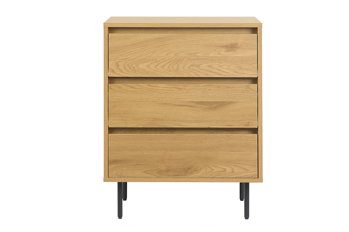 Mueble de ba�o de madera clara de roble y metal negro con tres cajones, vista frontal.
