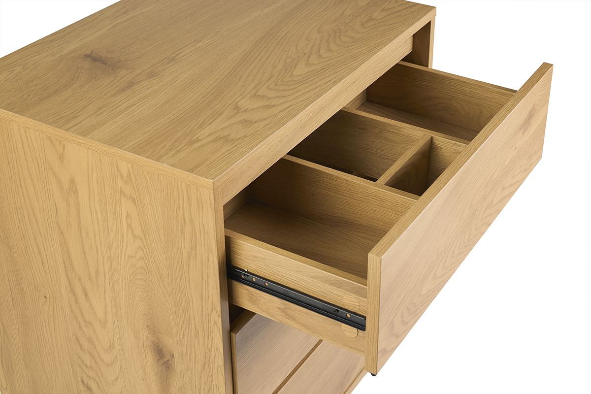 Mueble de ba�o de madera clara de roble con cajones abiertos, vista superior