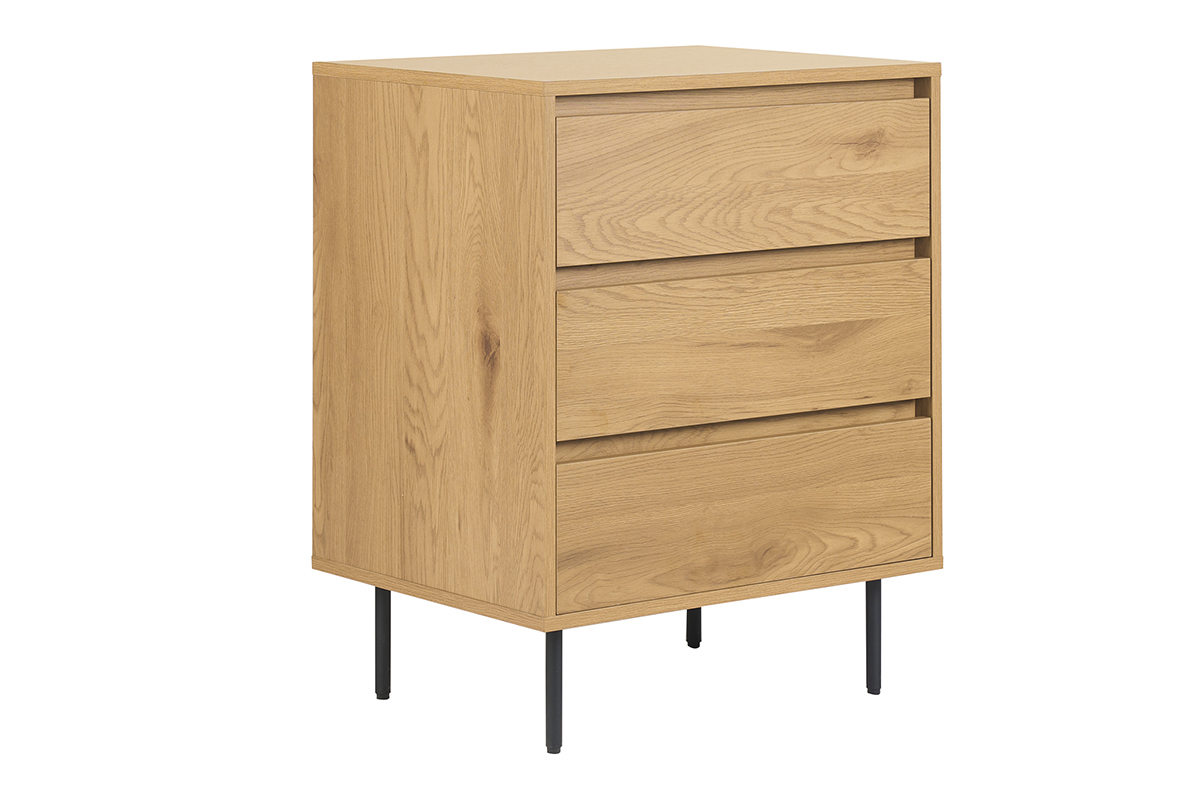 Mueble de ba�o de madera clara de roble y metal negro, tres cajones, vista en 3/4.