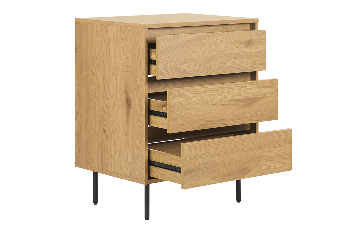 Mueble de ba�o de roble claro con tres cajones, vista en tres cuartos