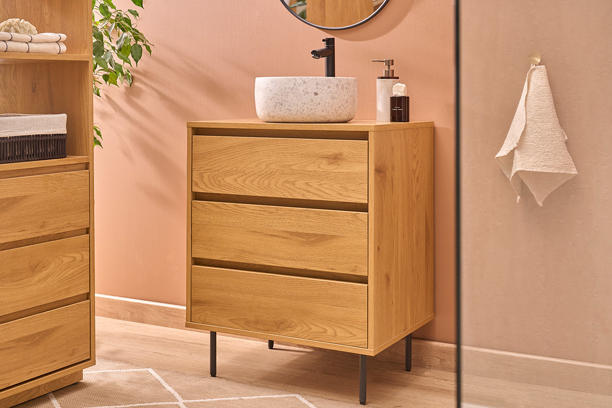 Mueble de ba�o acabado madera clara roble y metal negro L60 cm ARAGON
