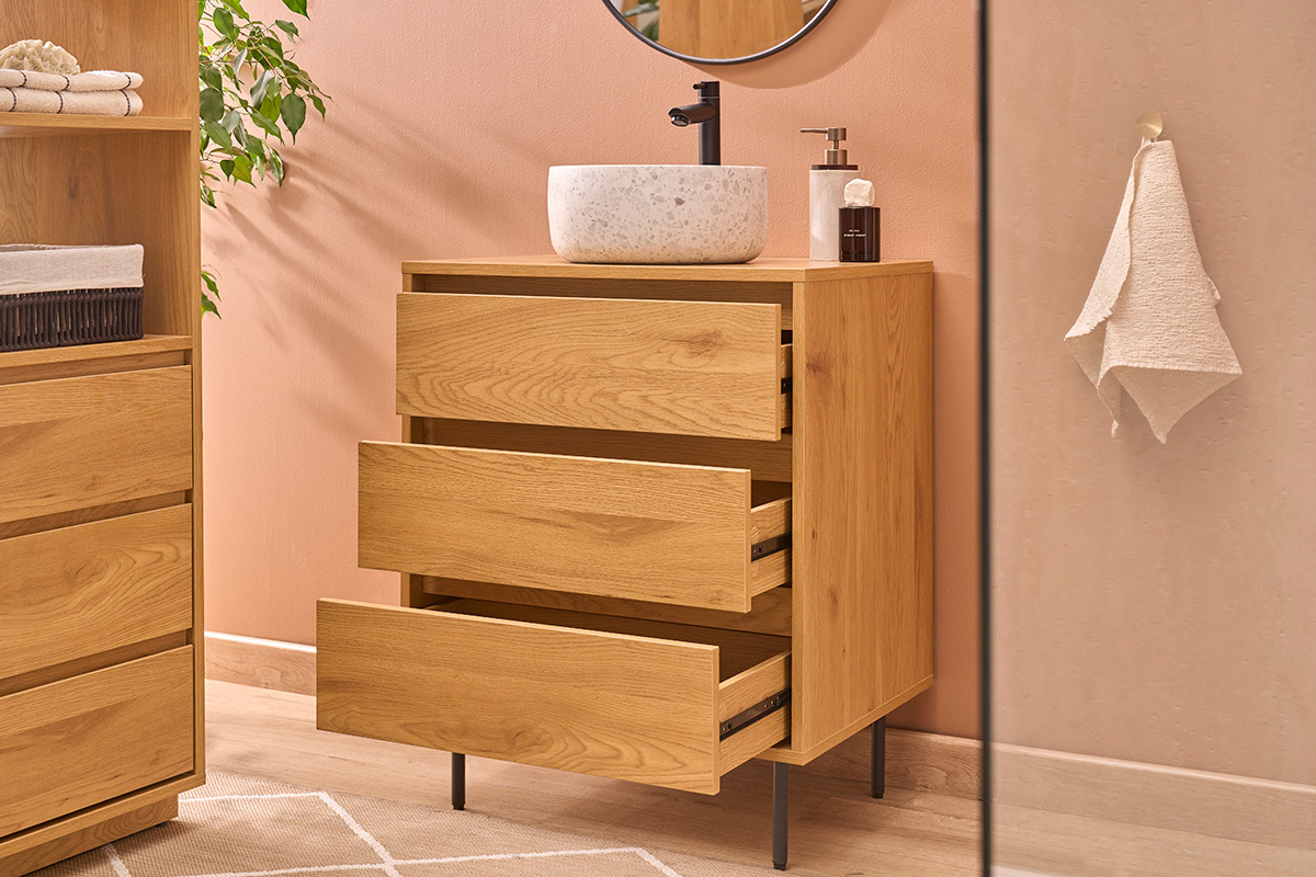 Mueble de ba�o acabado madera clara roble y metal negro L60 cm ARAGON