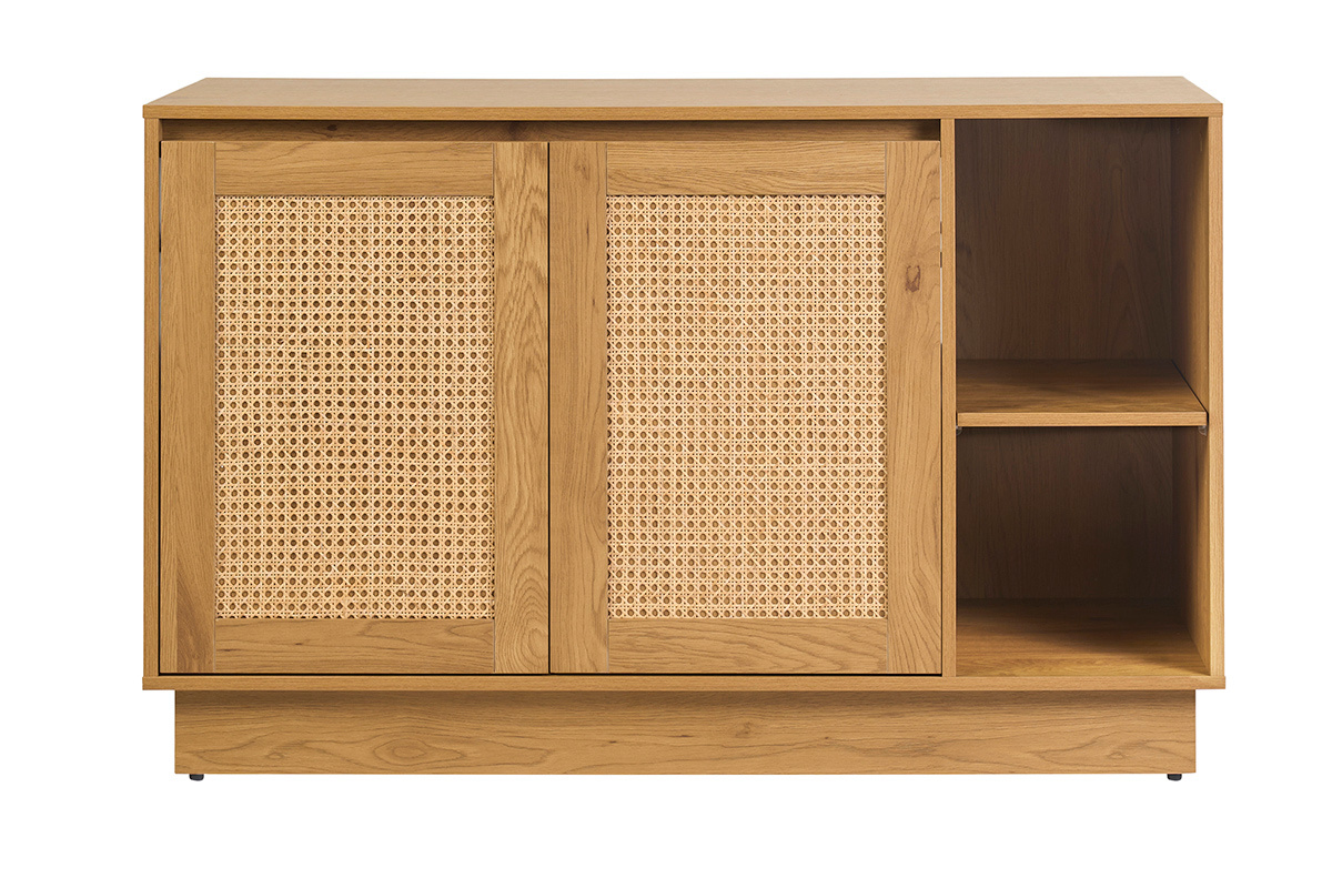 Mueble de ba�o acabado madera clara roble y rejilla de rat�n L120 cm ALICANTE
