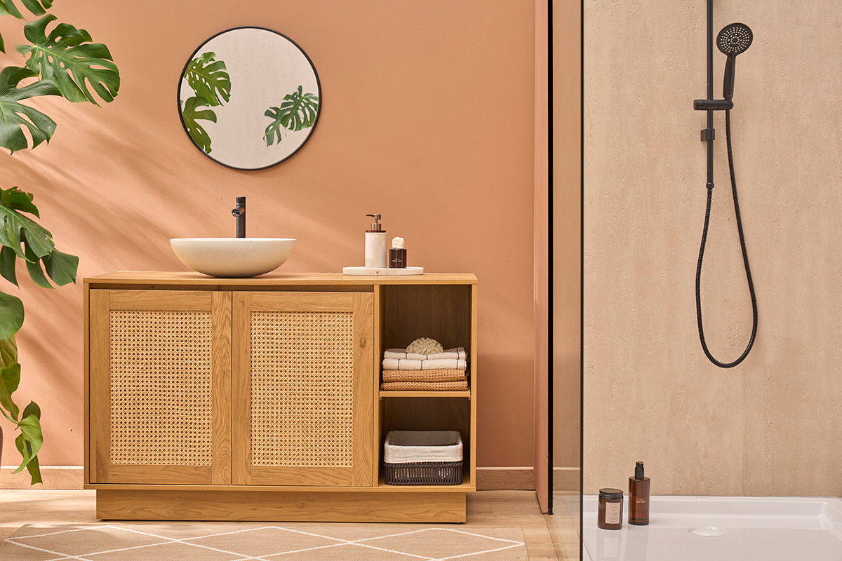 Mueble de ba�o acabado madera clara roble y rejilla de rat�n L120 cm ALICANTE