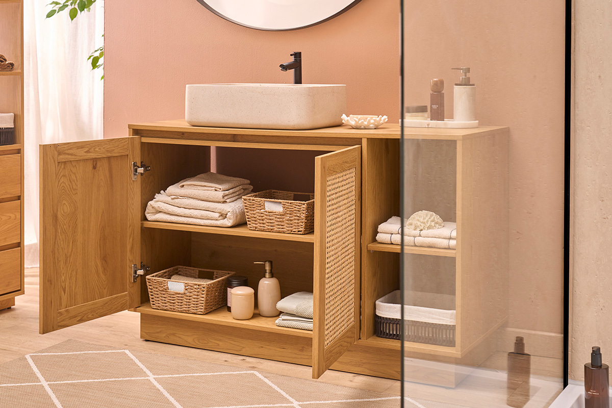 Mueble de ba�o acabado madera clara roble y rejilla de rat�n L120 cm ALICANTE