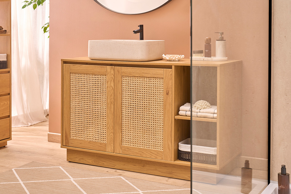 Mueble de ba�o acabado madera clara roble y rejilla de rat�n L120 cm ALICANTE