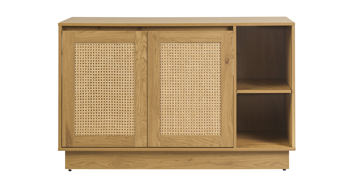 Mueble de ba�o acabado madera clara roble y rejilla de rat�n L120 cm ALICANTE