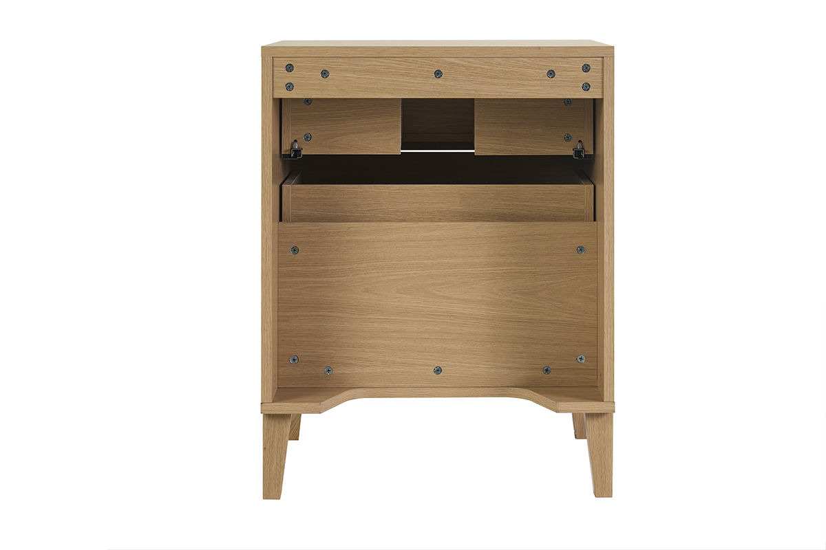 Mueble de ba�o de madera de roble, con tres cajones, visto desde atr�s.