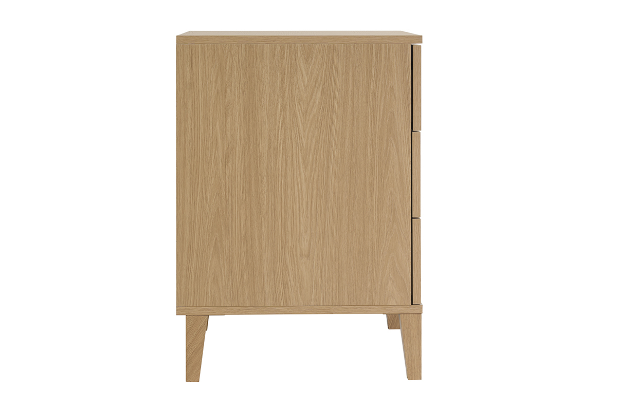 Mueble de ba�o con acabado en madera de roble, vista de perfil, con tres cajones y patas de madera de roble.
