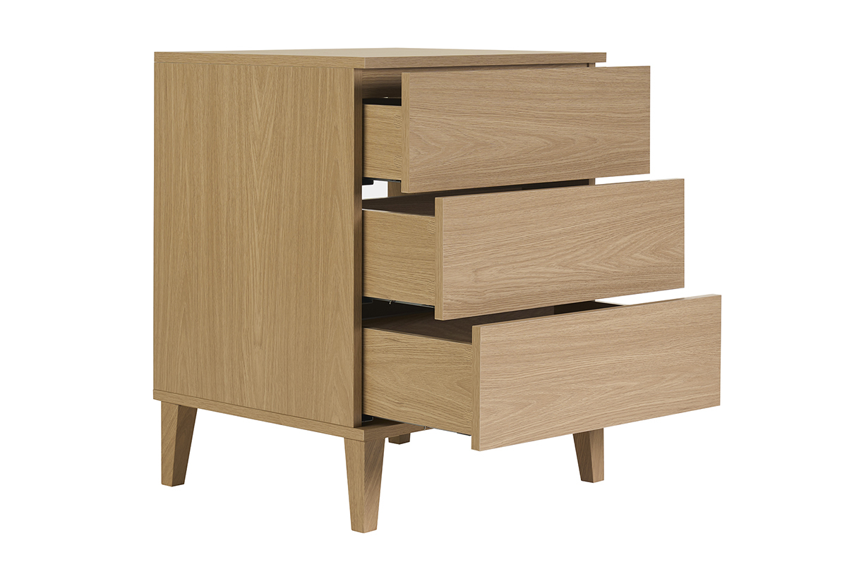 Mueble de ba�o de madera de roble, tres cajones abiertos, vista en tres cuartos