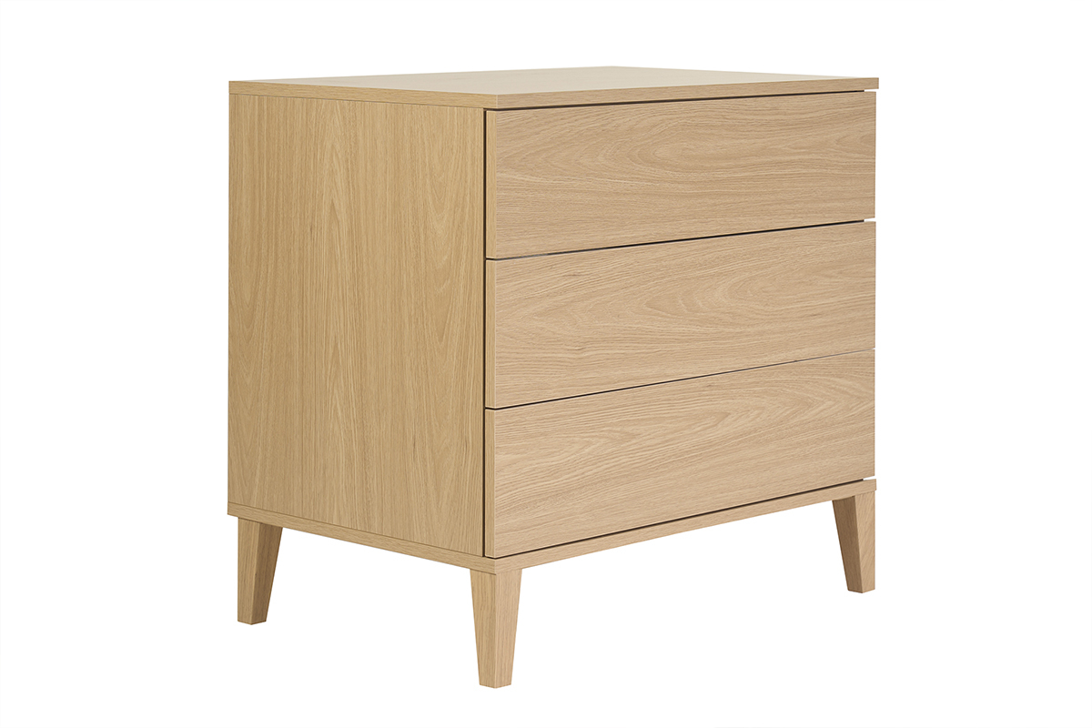 Mueble de ba�o con acabado en madera de roble L80 cm con tres cajones, vista en tres cuartos.