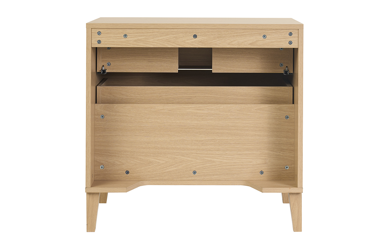 Mueble de ba�o FREDDY acabado madera roble, vista trasera con los cajones abiertos.