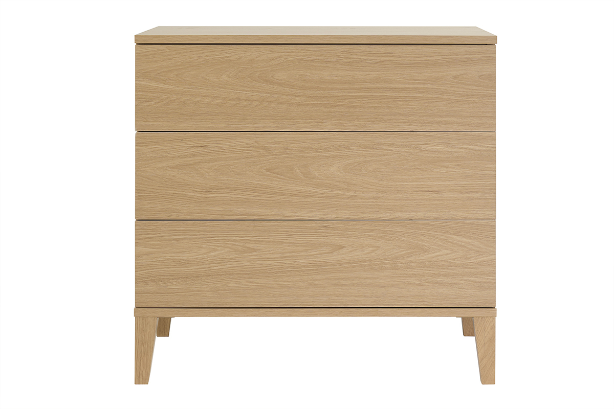 Mueble de ba�o de madera roble, tres cajones, vista frontal.