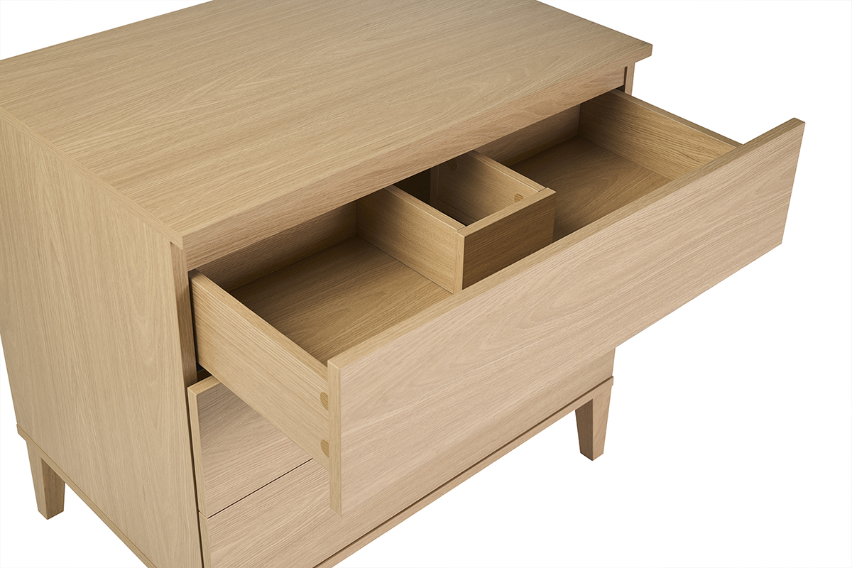 Mueble de ba�o de madera de roble con cajones abiertos, vista superior
