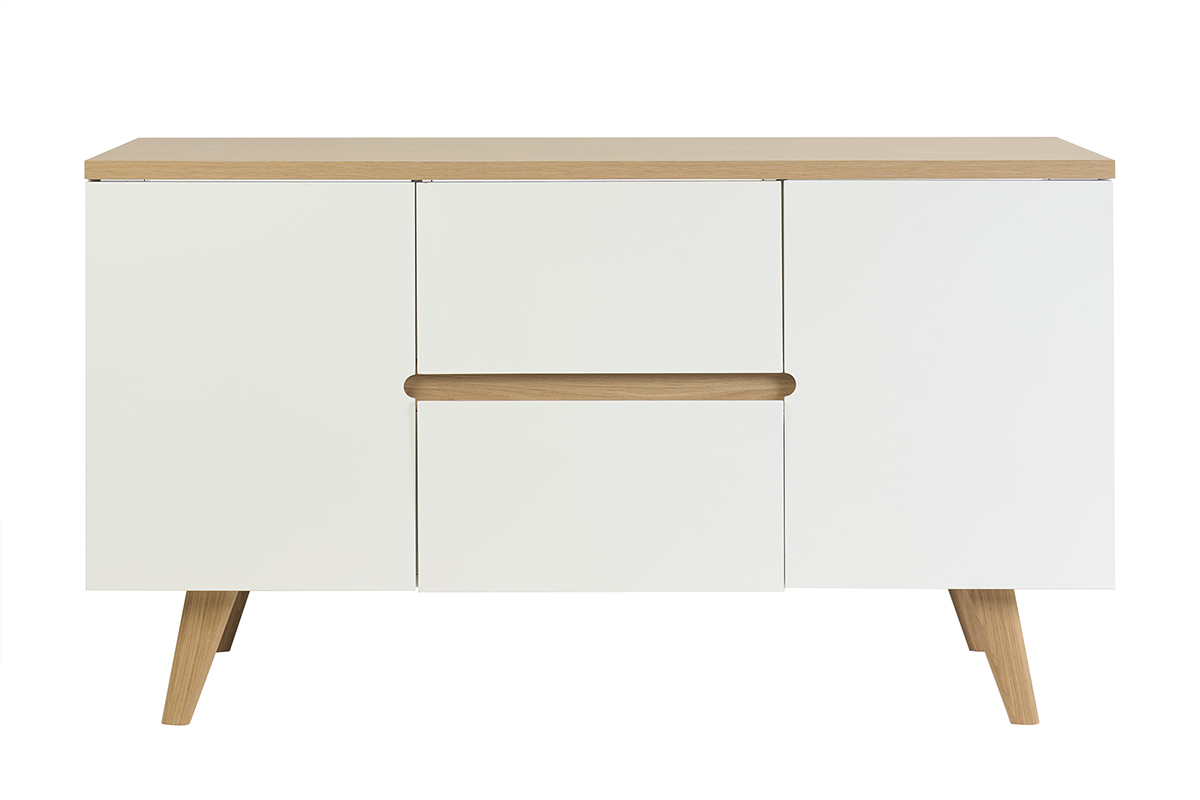 Mueble de ba�o blanco lacado brillante y madera clara, vista frontal