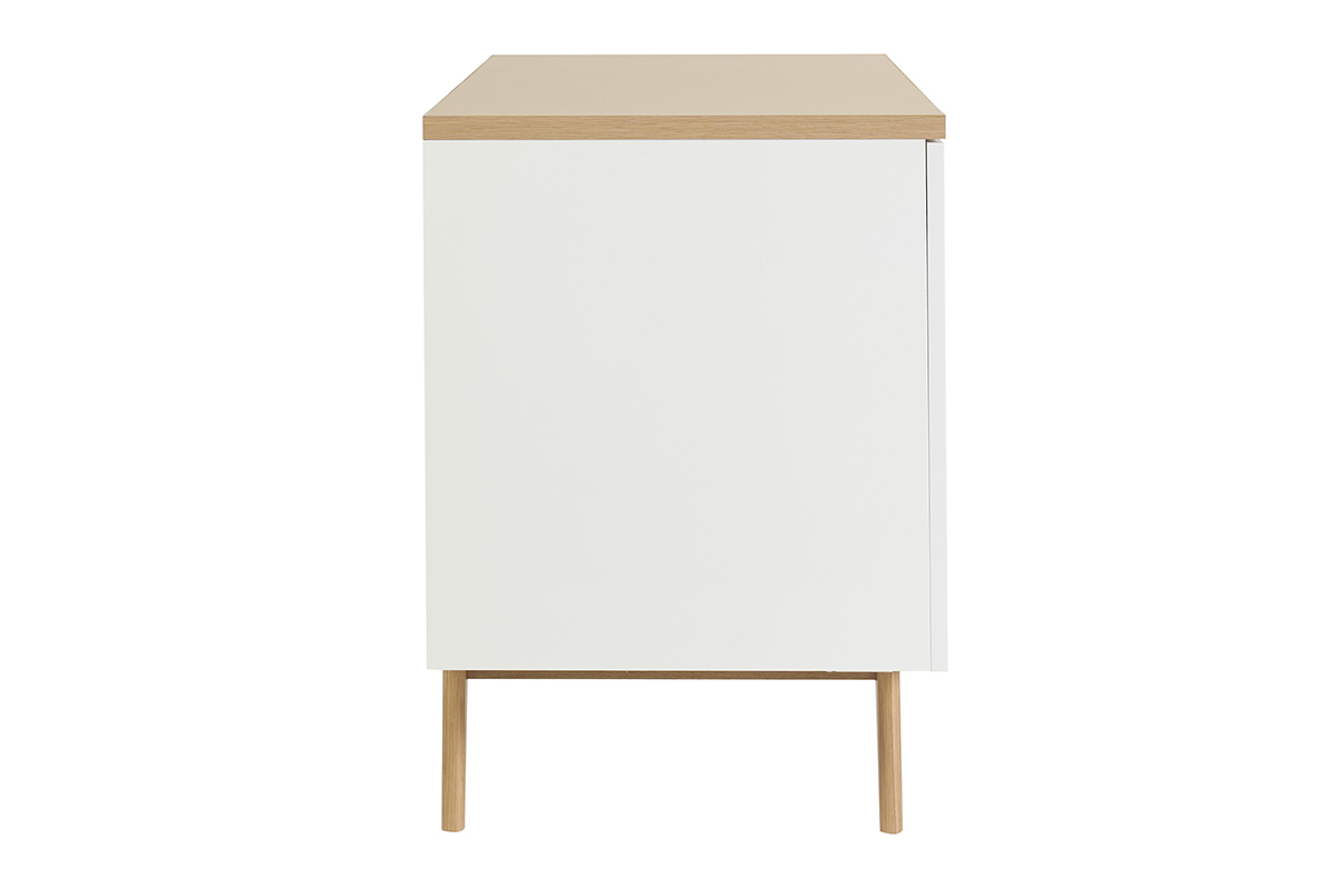 Mueble de ba�o blanco lacado brillante con encimera de madera clara, vista de perfil