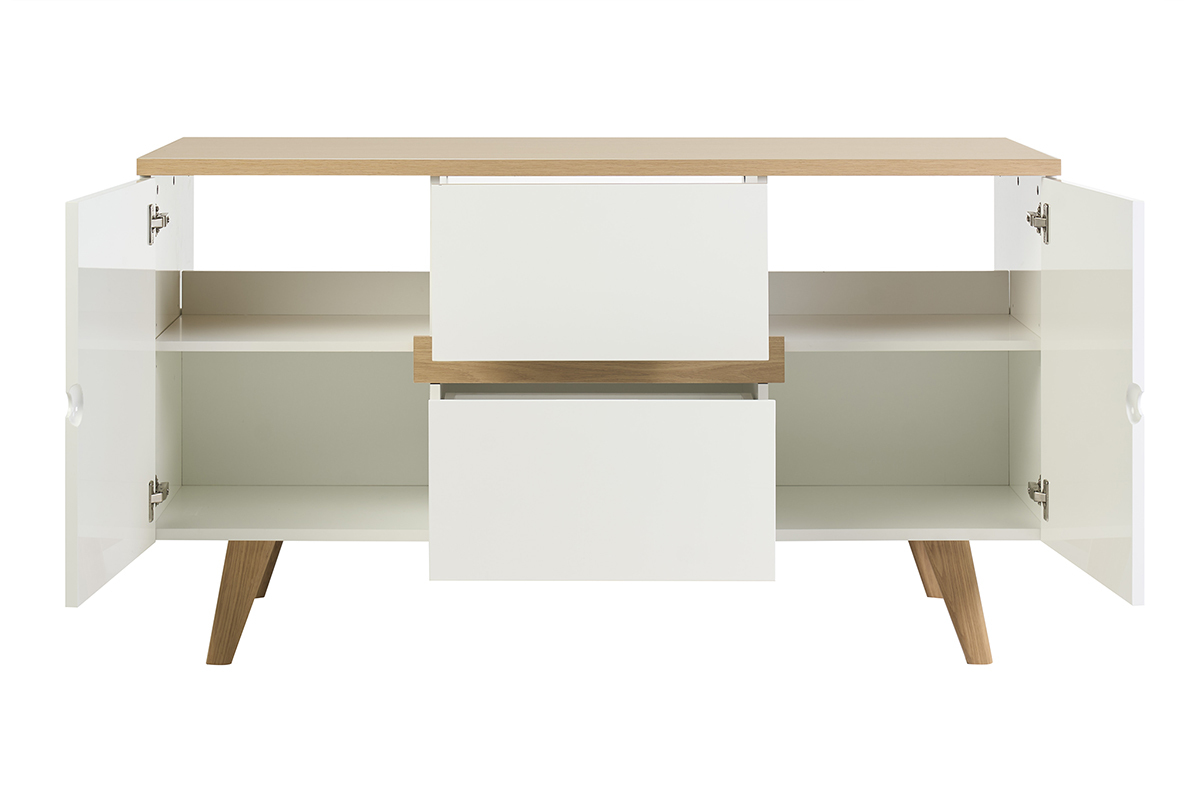 Mueble de ba�o blanco lacado y madera clara, abierto, con cajones y espacios de almacenamiento.