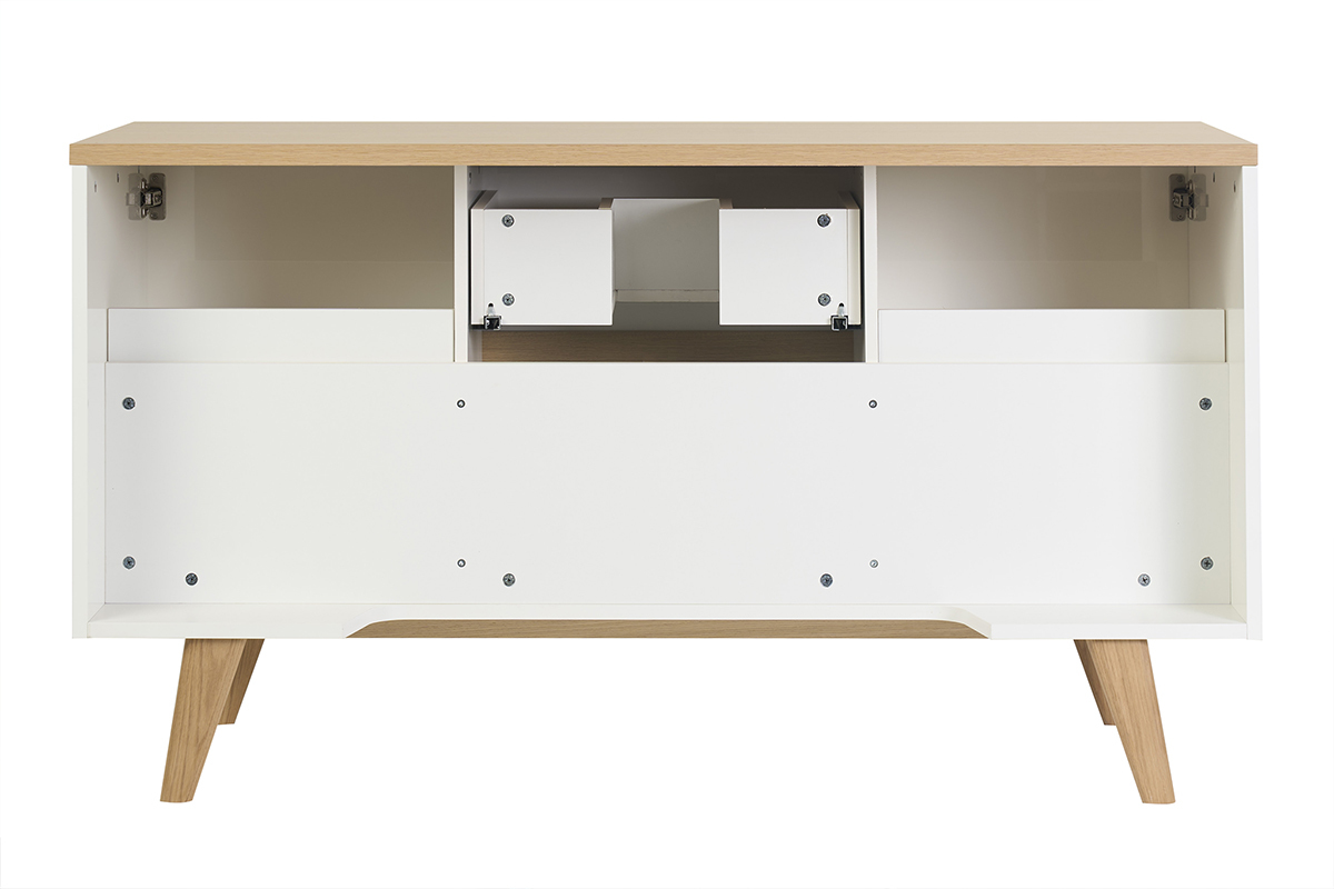 Mueble de ba�o blanco lacado y madera clara, vista trasera con cajones abiertos y almacenamiento integrado.