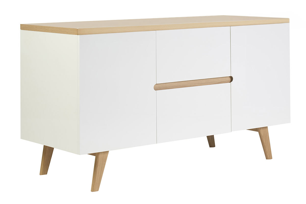 Mueble de ba�o blanco lacado brillante y madera clara L140 cm MELKA