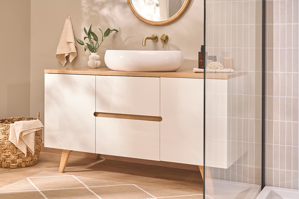 Mueble de ba�o blanco lacado brillante y madera clara L140 cm MELKA