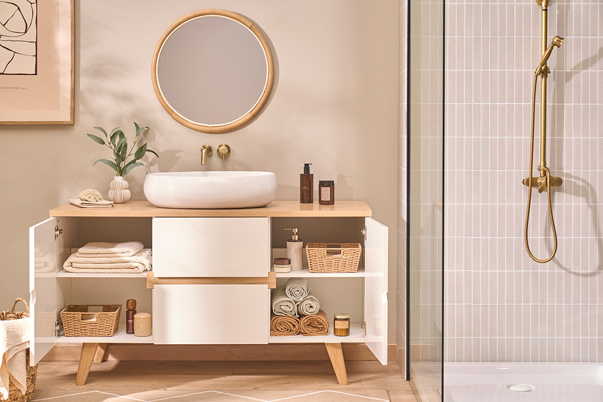 Mueble de ba�o blanco lacado brillante y madera clara L140 cm MELKA