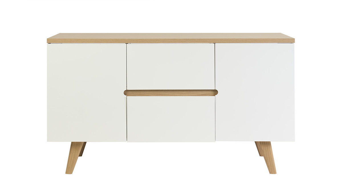 Mueble de ba�o blanco lacado brillante y madera clara L140 cm MELKA