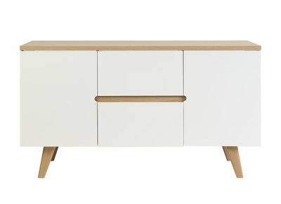 Mueble de ba&ntilde;o blanco lacado brillante y madera clara L140 cm MELKA