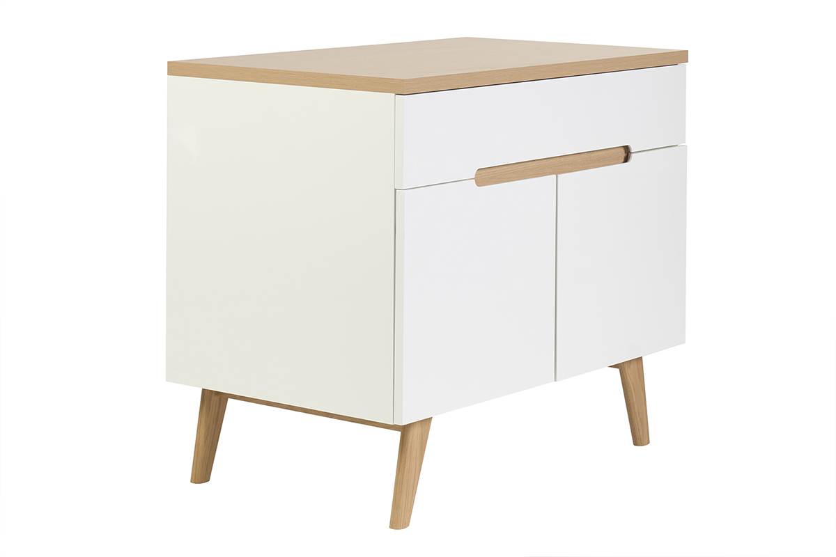 Mueble de ba�o blanco lacado y madera clara, vista en tres cuartos