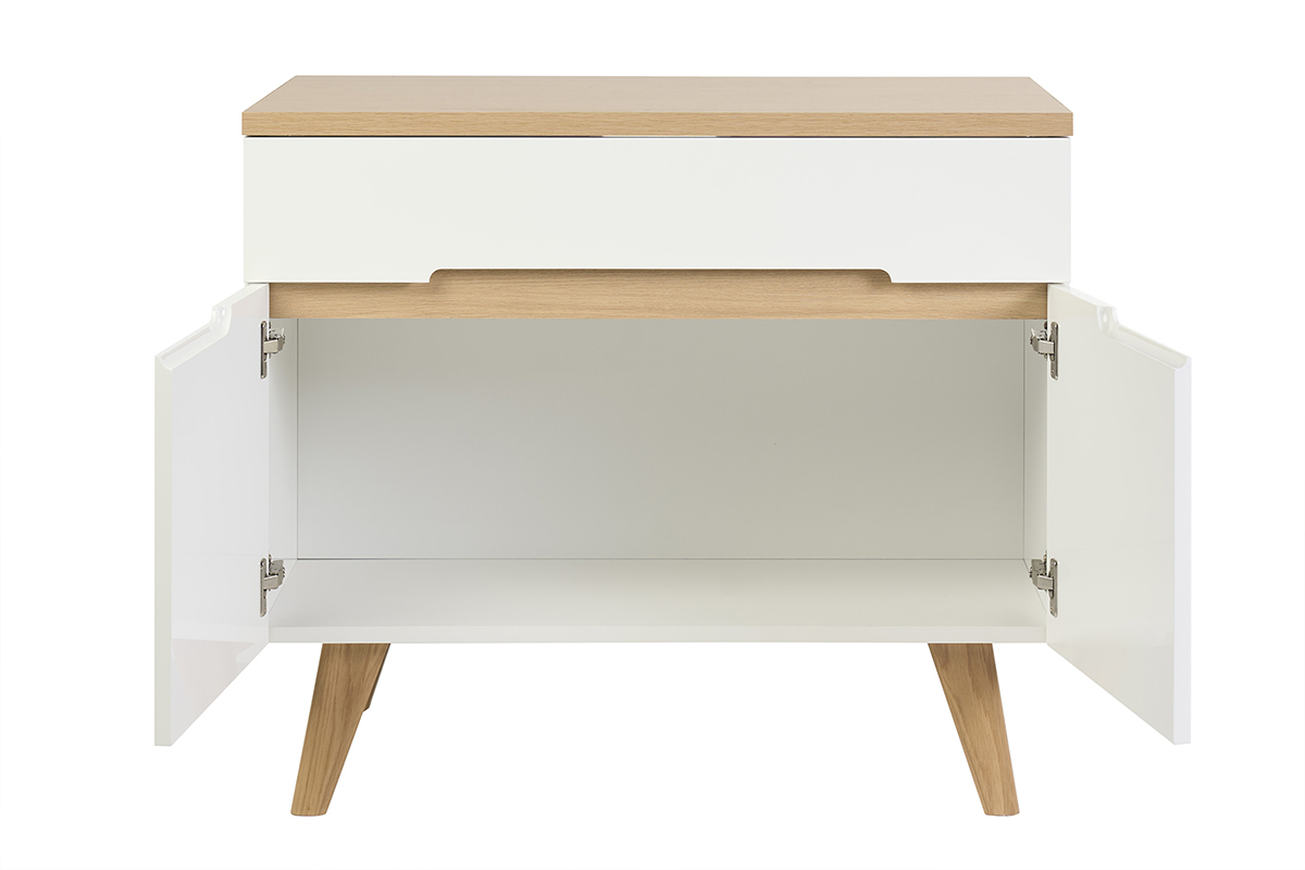 Mueble de ba�o blanco lacado brillante con encimera de madera clara, vista frontal, puertas abiertas.