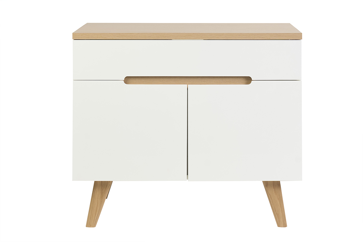 Mueble de ba�o blanco lacado brillante y madera clara, vista frontal.