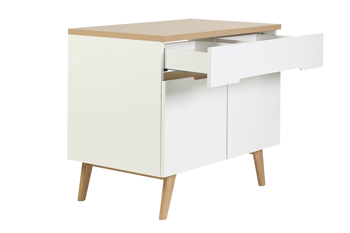 Mueble de ba�o blanco lacado con encimera de madera clara, caj�n abierto, vista de tres cuartos.