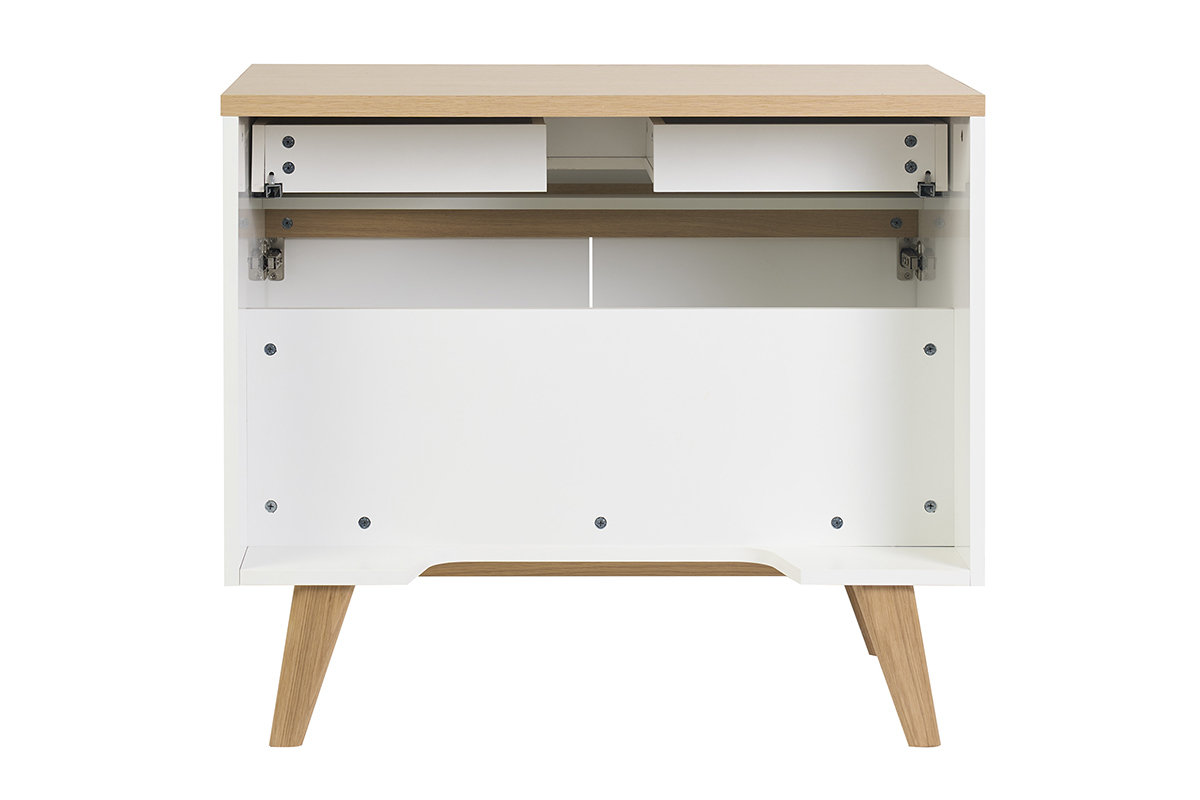 Mueble de ba�o blanco lacado con encimera de madera clara, vista trasera, con cajones abiertos.