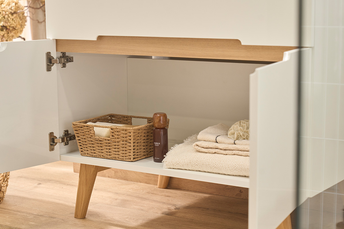 Mueble de ba�o blanco lacado brillante y madera clara L90 cm MELKA
