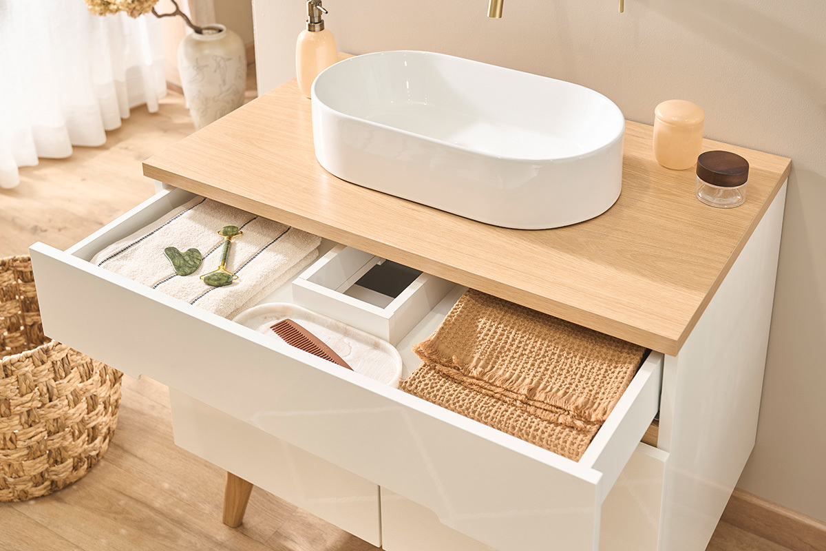 Mueble de ba�o blanco lacado brillante y madera clara L90 cm MELKA