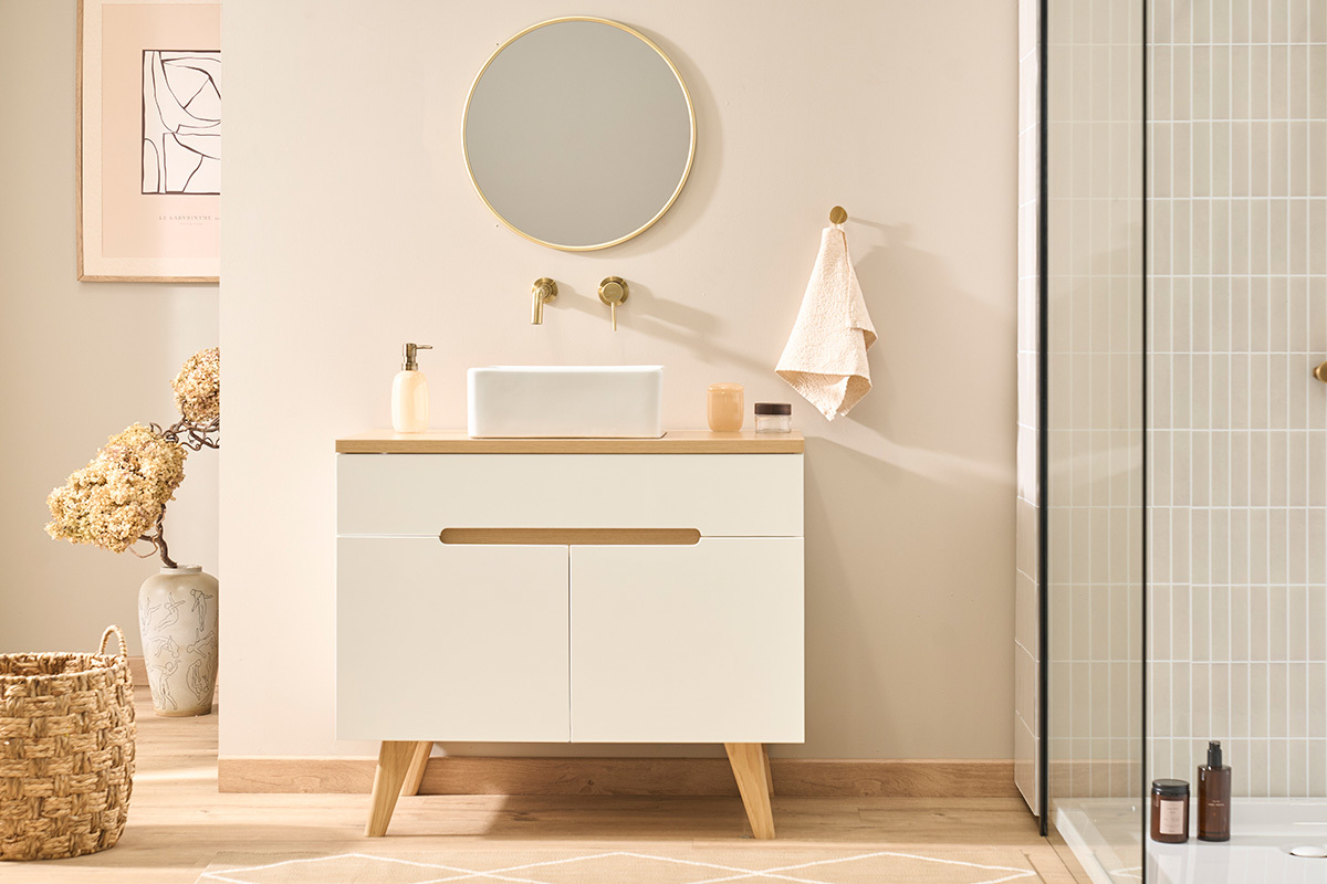 Mueble de ba�o blanco lacado brillante y madera clara L90 cm MELKA