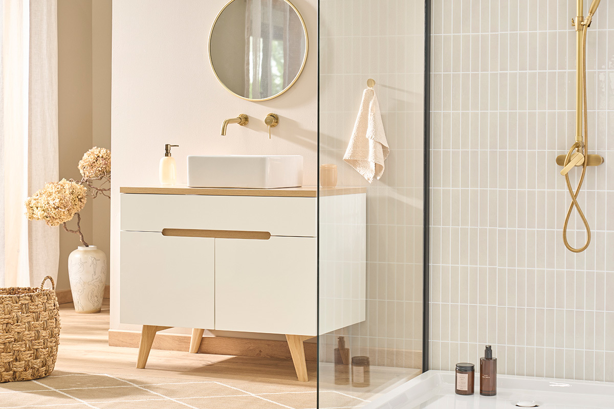 Mueble de ba�o blanco lacado brillante y madera clara L90 cm MELKA