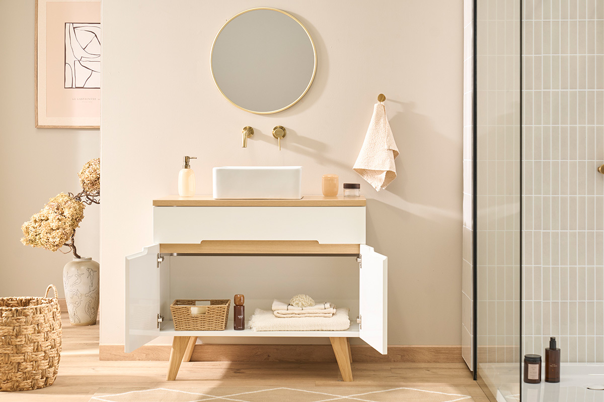 Mueble de ba�o blanco lacado brillante y madera clara L90 cm MELKA