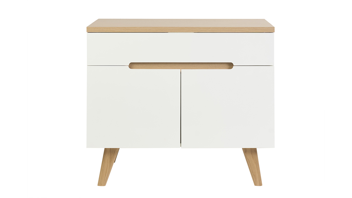 Mueble de ba�o blanco lacado brillante y madera clara L90 cm MELKA