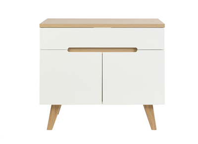 Mueble de ba&ntilde;o blanco lacado brillante y madera clara L90 cm MELKA