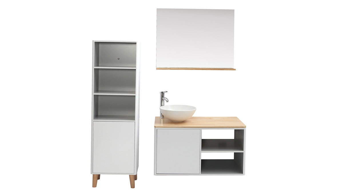 Mueble de bao con columna y espejo blanco y madera (lavabo no incluido) LATA