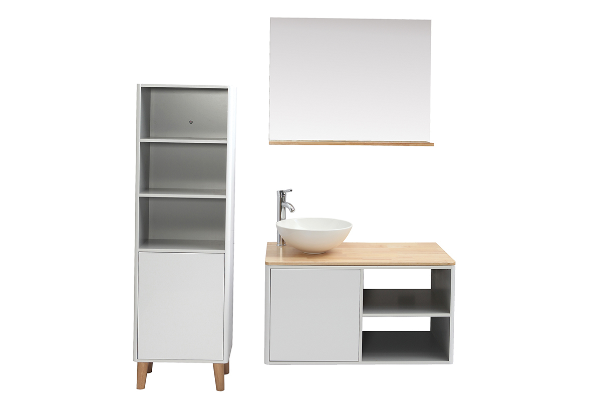 Mueble de bao con columna y espejo blanco y madera (lavabo no incluido) LATA