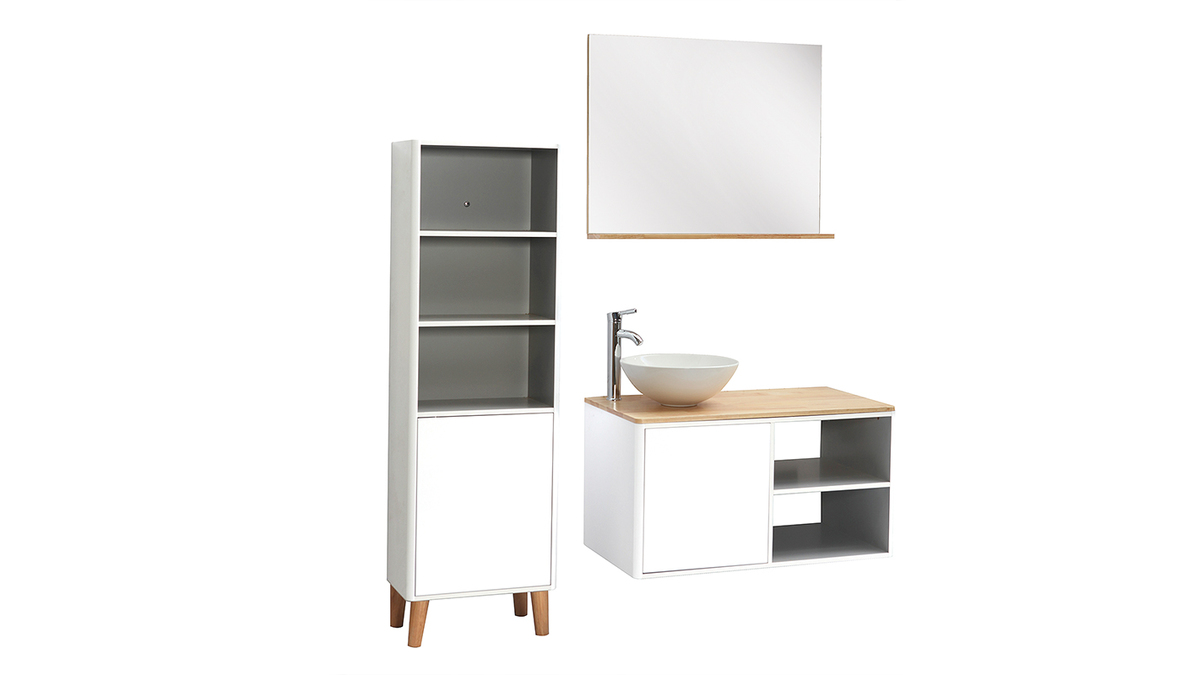 Mueble de bao con columna y espejo blanco y madera (lavabo no incluido) LATA